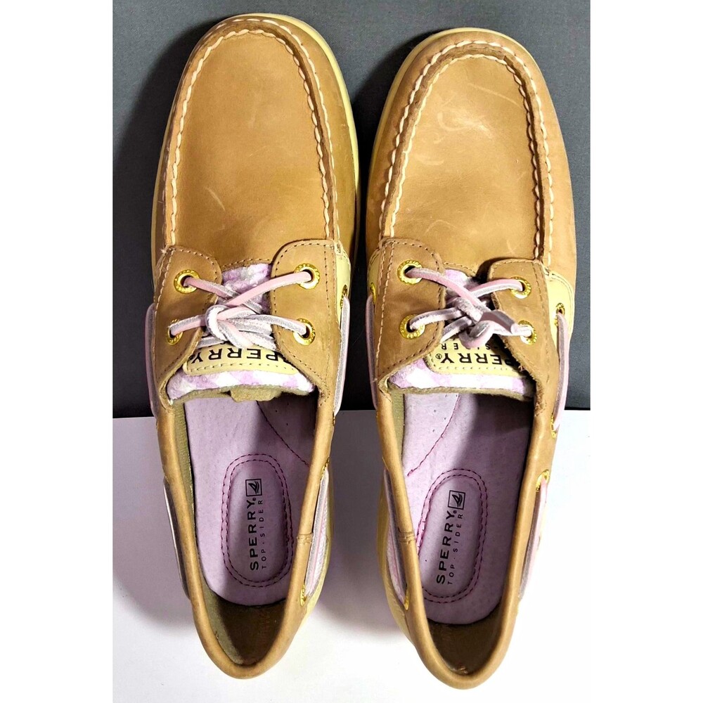 Sperry Top-Sider Women’s Tan Pink Gingham Lace-Up Leather Shoes Size 8 NWOB